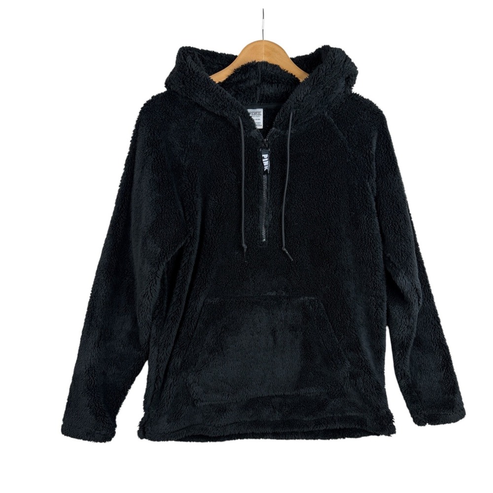 PINK Victoria's Secret Half Zip Pullover Sherpa Hoodie Size Small Black